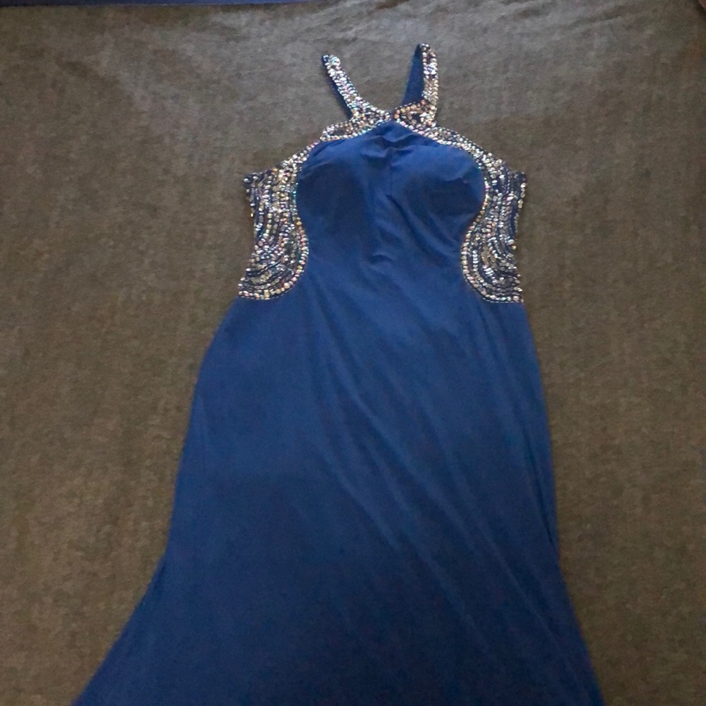 Dark Blue Open Back Evening Gown